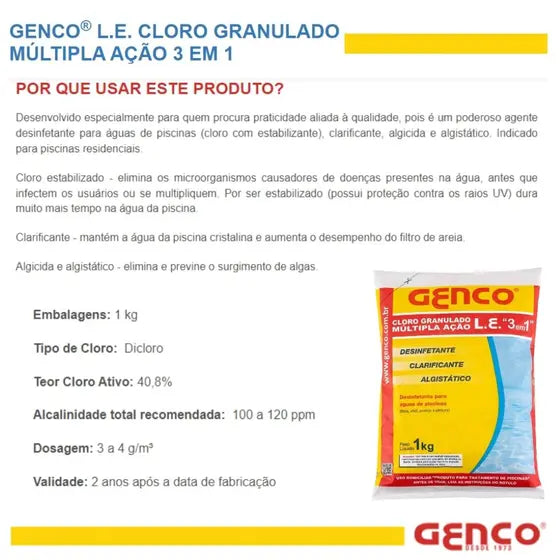 Cloro Granulado L.E. Múltipla Ação 3 Em 1 1Kg Genco